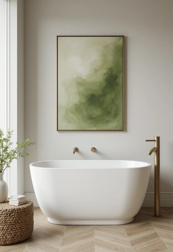 14 Olive Green Bathroom Decor Ideas With Peaceful Style - 10. Olive Green Artwork