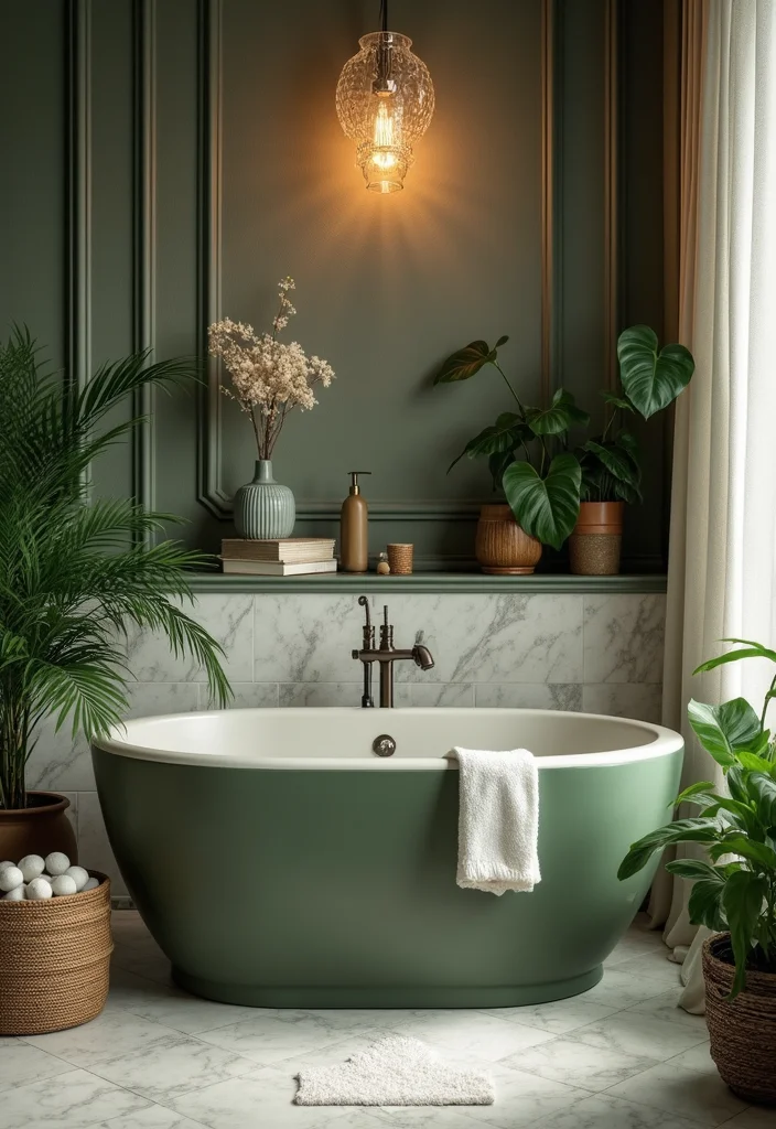 14 Olive Green Bathroom Decor Ideas With Peaceful Style - 11. Olive Green Bathtub