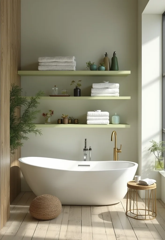 14 Olive Green Bathroom Decor Ideas With Peaceful Style - 12. Floating Olive Green Shelves