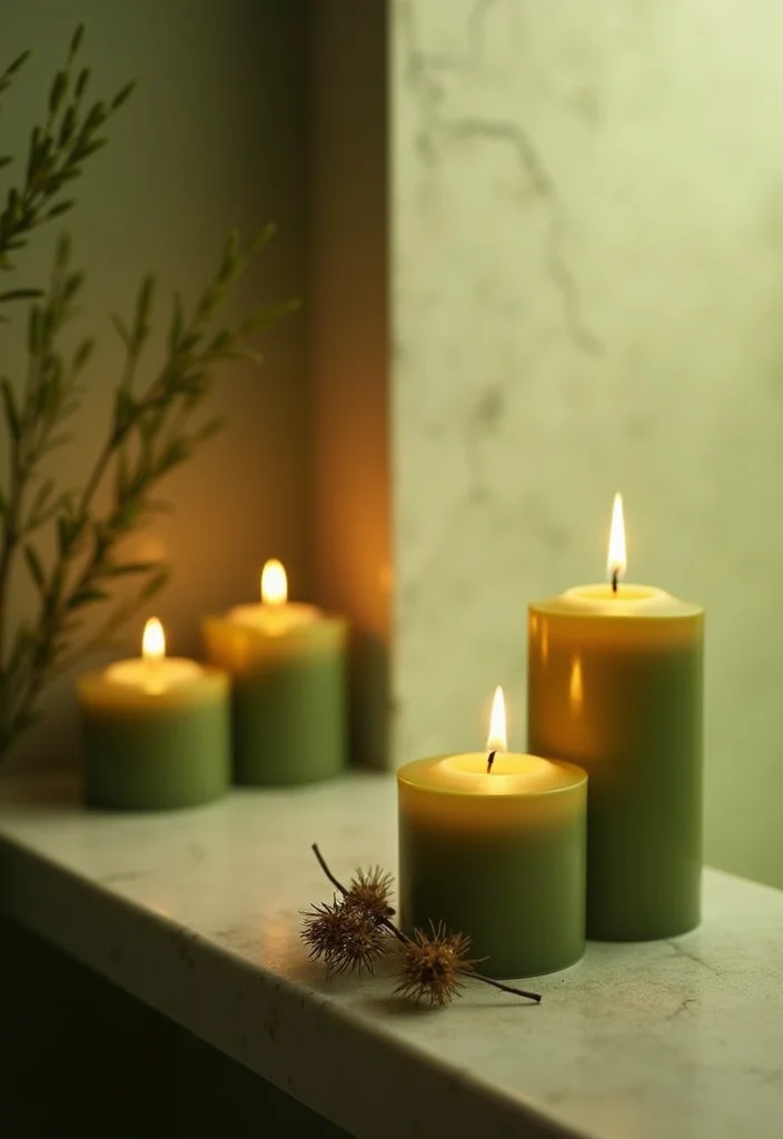 14 Olive Green Bathroom Decor Ideas With Peaceful Style - 13. Olive Green Scented Candles