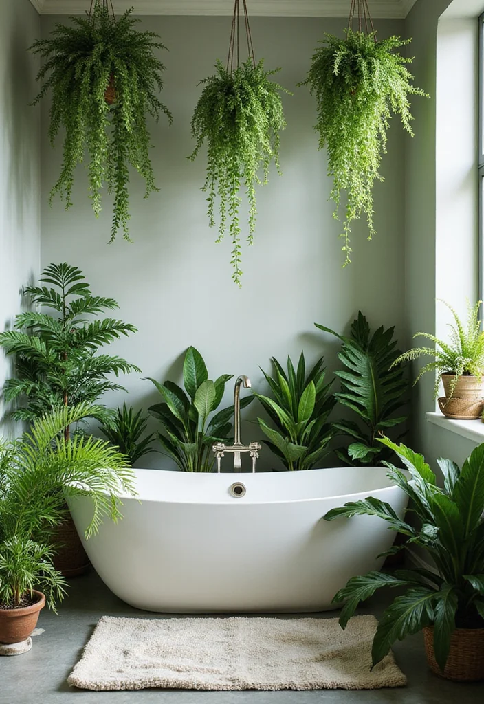14 Olive Green Bathroom Decor Ideas With Peaceful Style - 3. Incorporate Nature with Plants