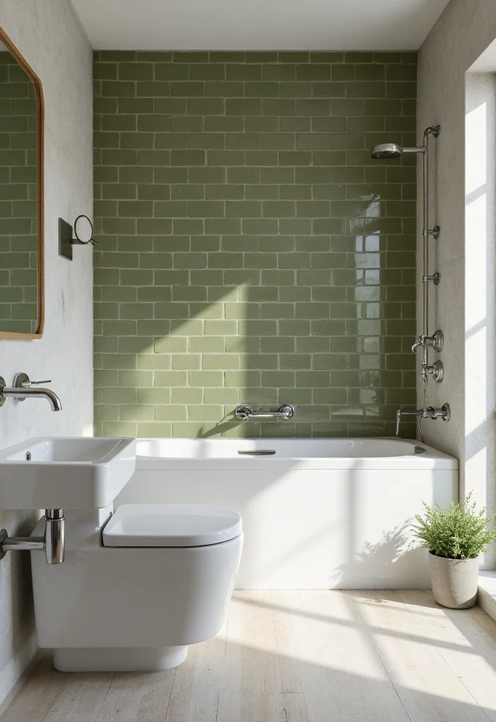 14 Olive Green Bathroom Decor Ideas With Peaceful Style - 4. Green Tiles for a Stylish Feature Wall