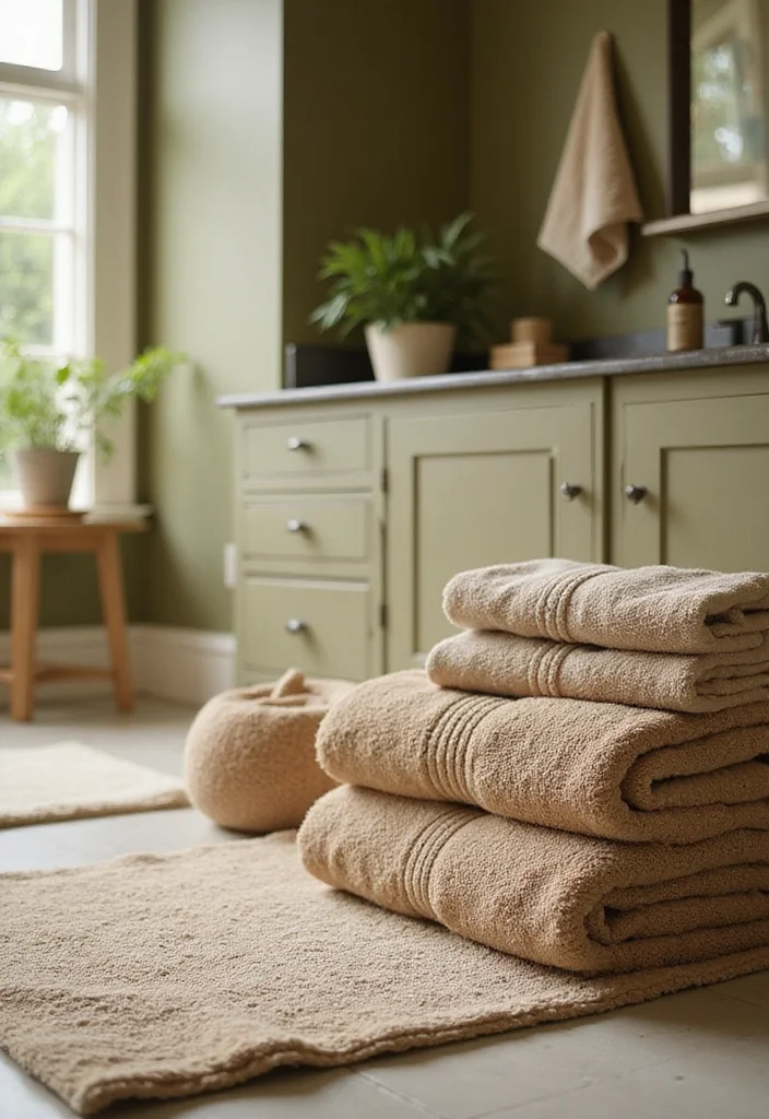 14 Olive Green Bathroom Decor Ideas With Peaceful Style - 8. Bath Mats and Towels in Earthy Tones