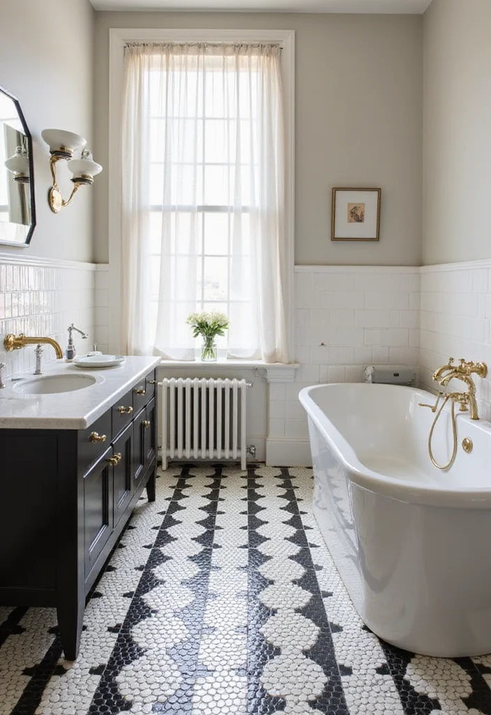 14 Penny Tile Bathroom Floor Ideas With Texture - 1. Classic Black and White Checkerboard