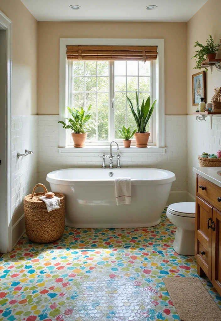 14 Penny Tile Bathroom Floor Ideas With Texture - 10. Tropical Vibe with Bright Colors