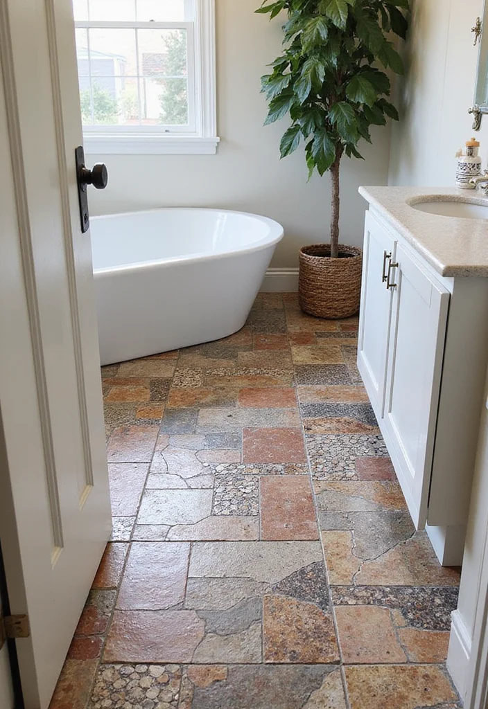 14 Penny Tile Bathroom Floor Ideas With Texture - 12. Mixed Patterns for Unique Flair