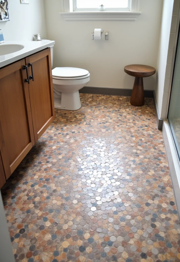 14 Penny Tile Bathroom Floor Ideas With Texture - 14. Unique Shape Arrangements