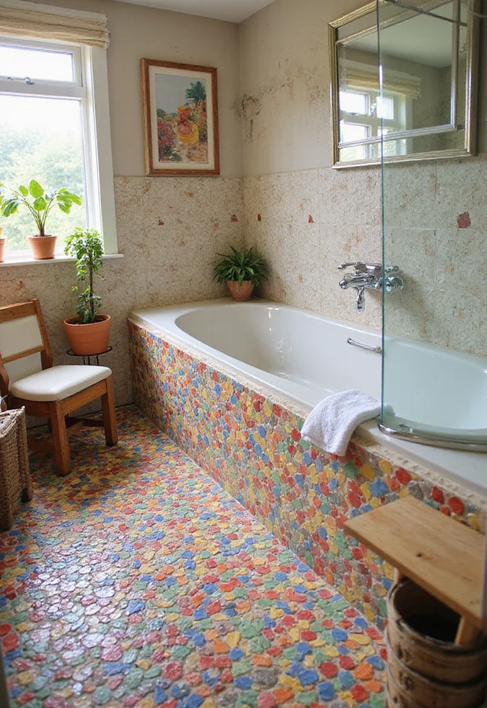 14 Penny Tile Bathroom Floor Ideas With Texture - 2. Colorful Mosaic Patterns