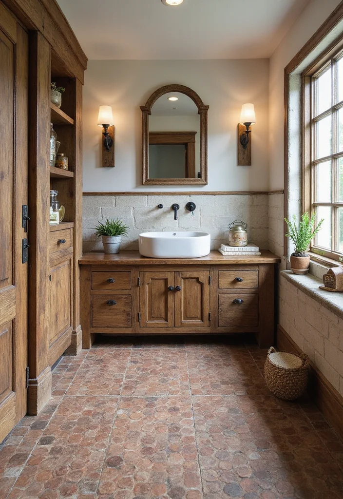 14 Penny Tile Bathroom Floor Ideas With Texture - 3. Rustic Farmhouse Charm