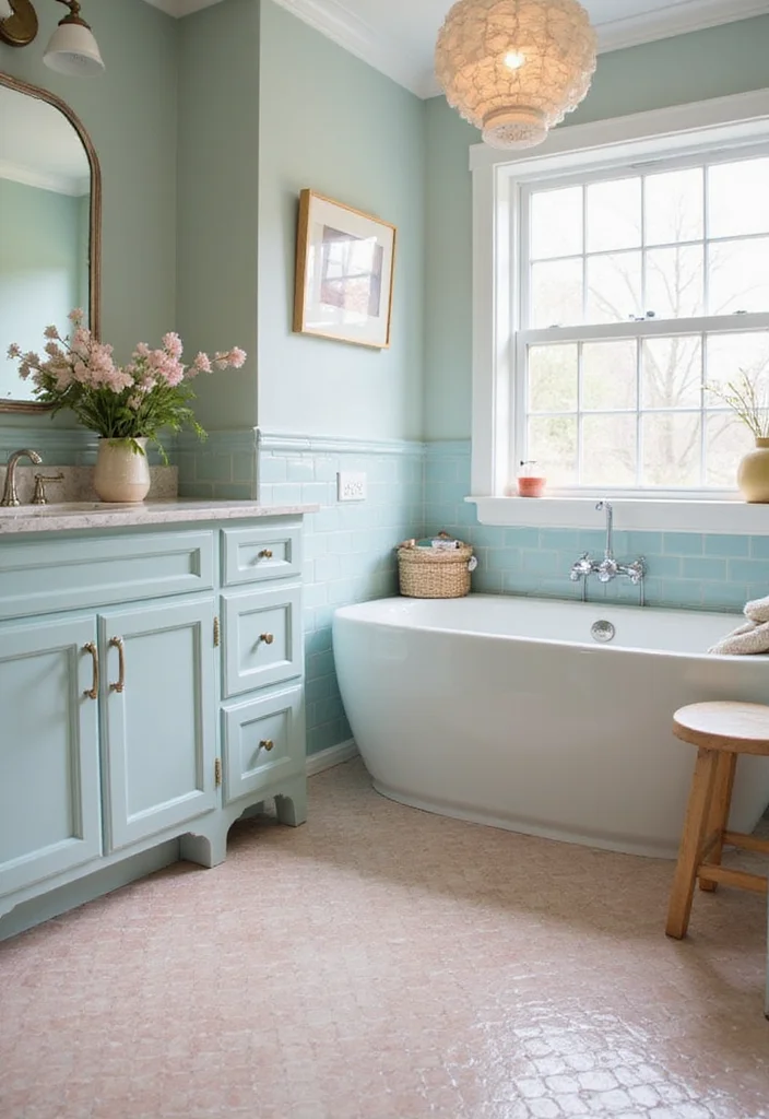 14 Penny Tile Bathroom Floor Ideas With Texture - 5. Soft Pastels for a Gentle Touch