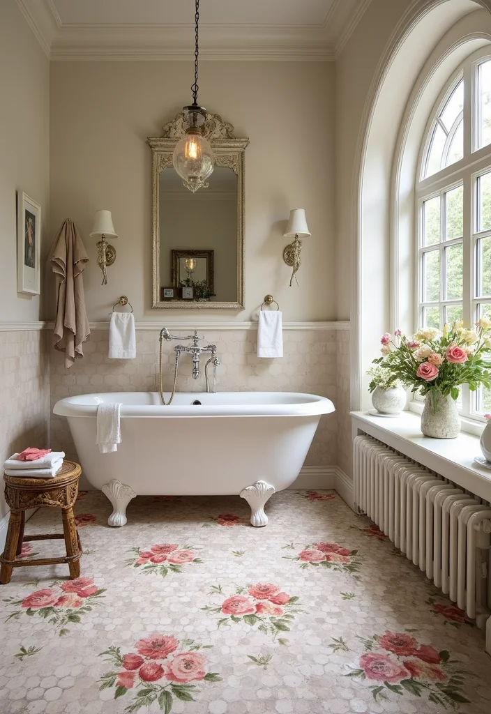 14 Penny Tile Bathroom Floor Ideas With Texture - 6. Vintage Floral Patterns