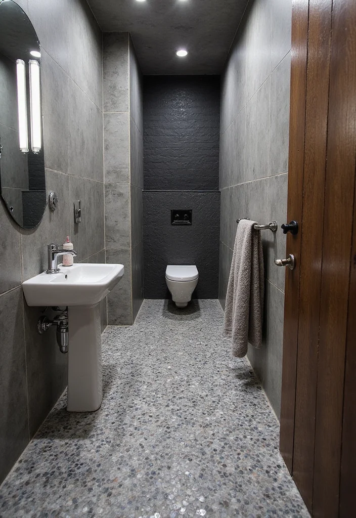 14 Penny Tile Bathroom Floor Ideas With Texture - 9. Industrial Chic with Grays and Blacks