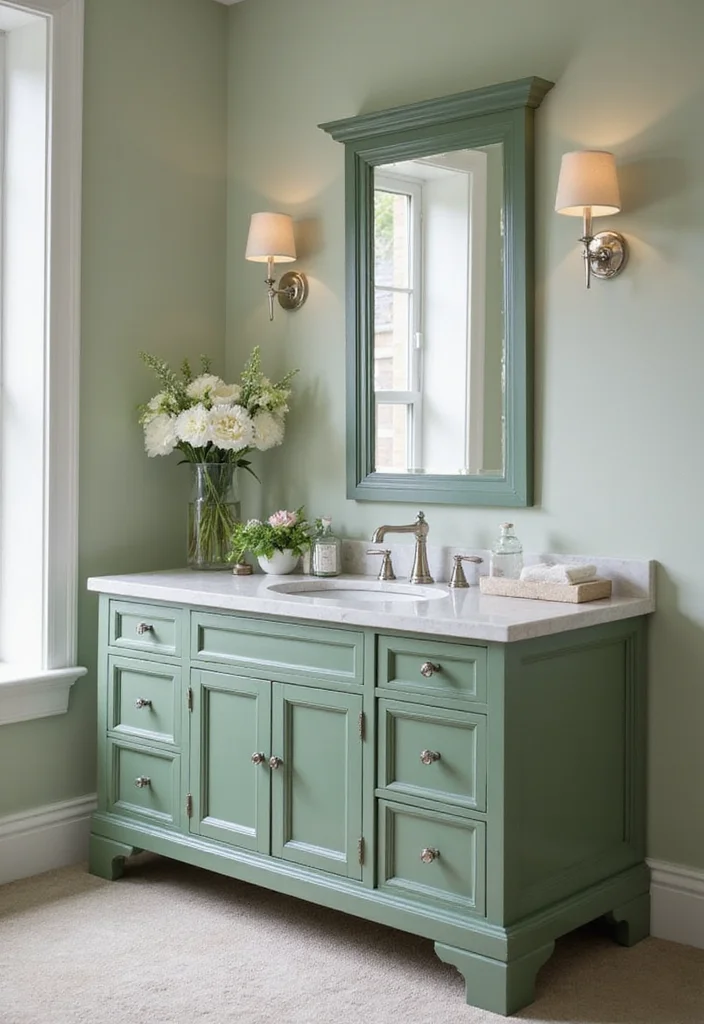 14 Sage Green Bathroom Decor Ideas With Calm Energy - 10. Sage Green Vanity