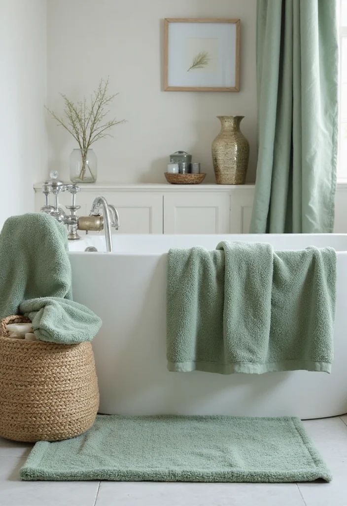 14 Sage Green Bathroom Decor Ideas With Calm Energy - 5. Sage Green Towels and Rugs
