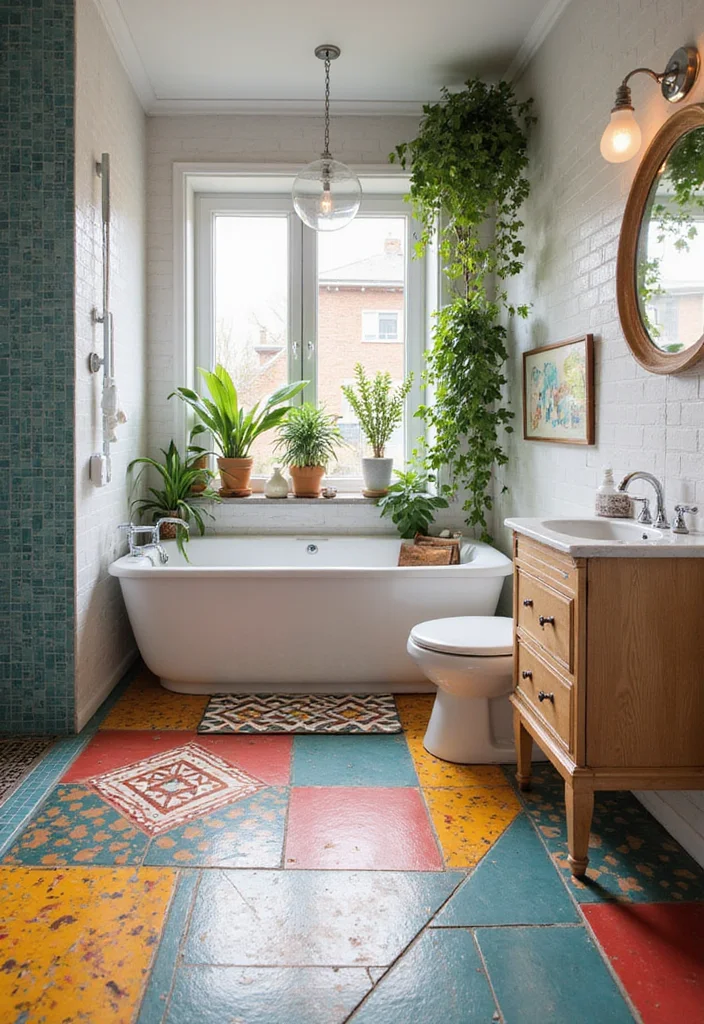14 Stick On Tile Bathroom Ideas For Easy Makeovers - 2. Bold Geometric Patterns