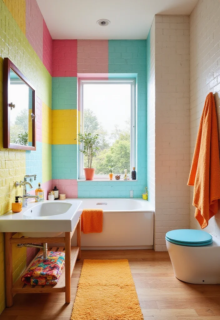 14 Stick On Tile Bathroom Ideas For Easy Makeovers - 5. Playful Color Blocks