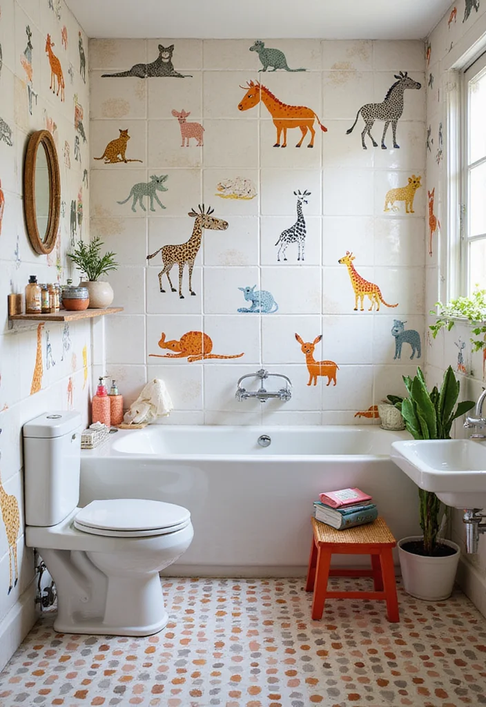 14 Stick On Tile Bathroom Ideas For Easy Makeovers - 9. Whimsical Animal Prints