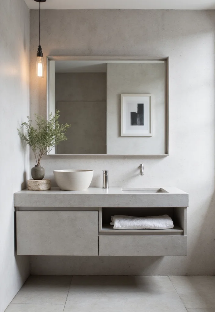 14 Stone Vanity Bathroom Ideas With Luxury Texture - 11. Minimalist Concrete Charm