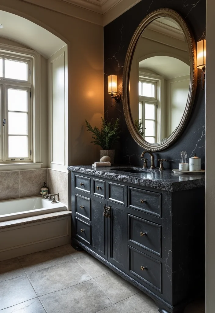 14 Stone Vanity Bathroom Ideas With Luxury Texture - 12. Timeless Black Basalt