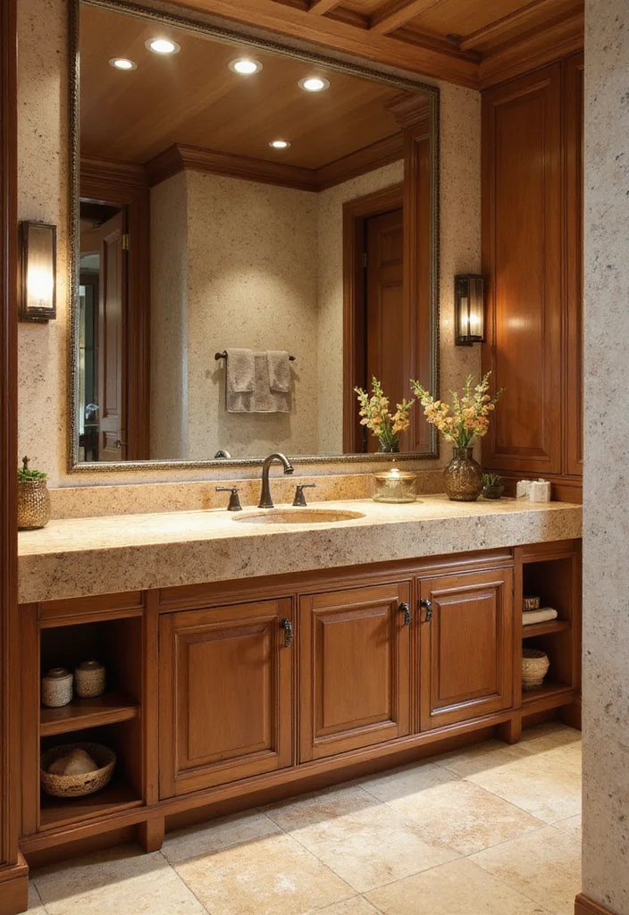 14 Stone Vanity Bathroom Ideas With Luxury Texture - 8. Polished Travertine Texture