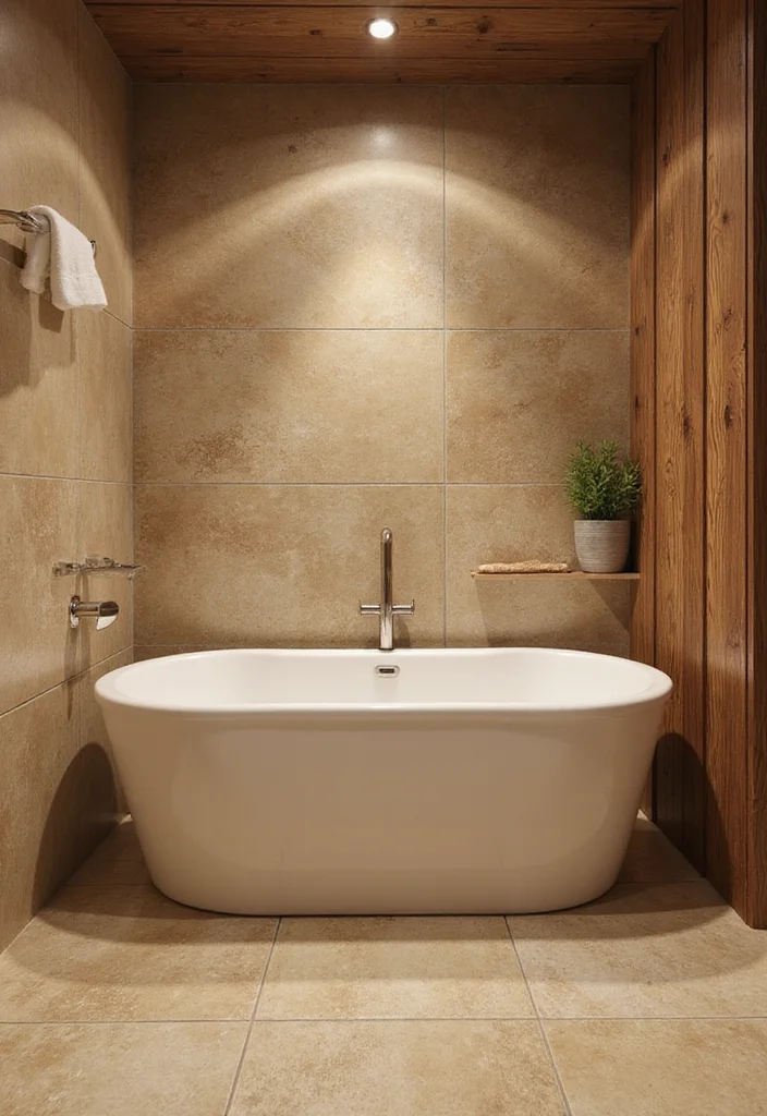 14 Tan Tile Bathroom Ideas With Warm Neutral Style - 1. Earthy Textures and Natural Wood