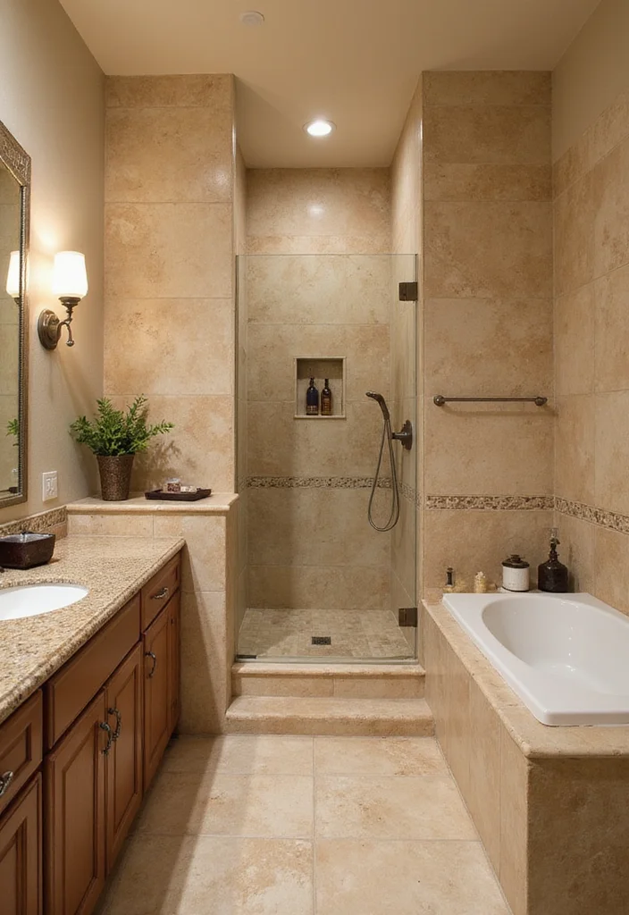 14 Tan Tile Bathroom Ideas With Warm Neutral Style - 10. Natural Stone Accents