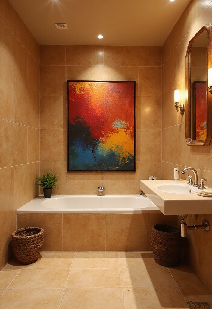 14 Tan Tile Bathroom Ideas With Warm Neutral Style - 11. Bold Artwork for Statement Making