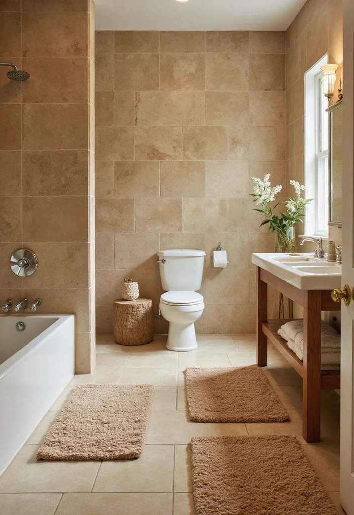 14 Tan Tile Bathroom Ideas With Warm Neutral Style - 12. Cozy Rugs to Add Comfort