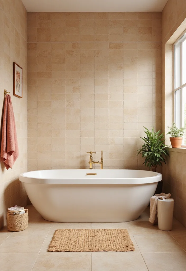 14 Tan Tile Bathroom Ideas With Warm Neutral Style - 2. Warm Color Palette with Accents