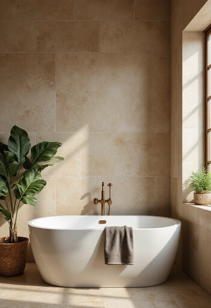14 Tan Tile Bathroom Ideas With Warm Neutral Style - 3. Modern Fixtures Meet Rustic Charm
