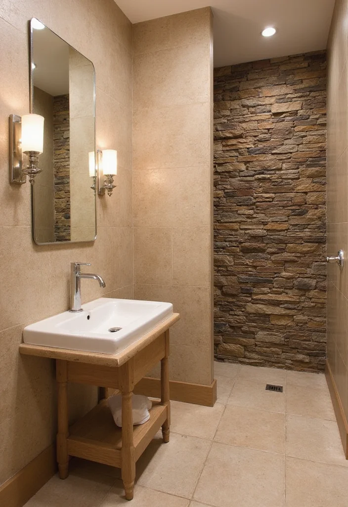 14 Tan Tile Bathroom Ideas With Warm Neutral Style - 4. Textured Walls with Tan Tiles