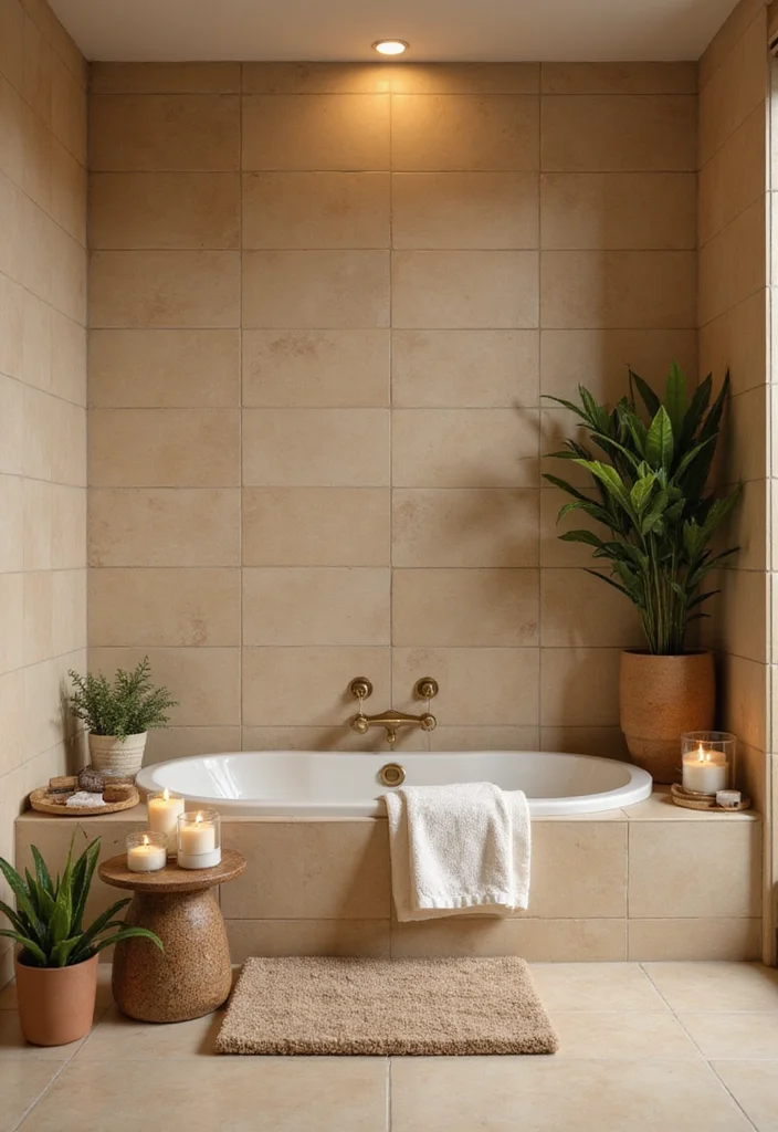 14 Tan Tile Bathroom Ideas With Warm Neutral Style - 5. Luxurious Spa Vibes