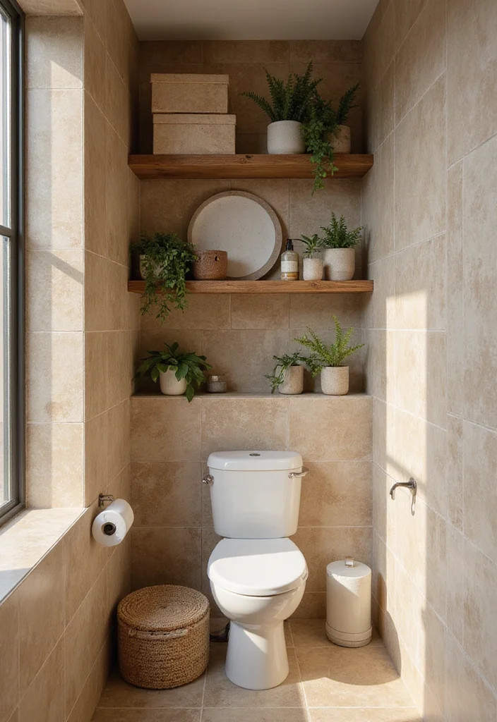 14 Tan Tile Bathroom Ideas With Warm Neutral Style - 7. Open Shelving for a Chic Look