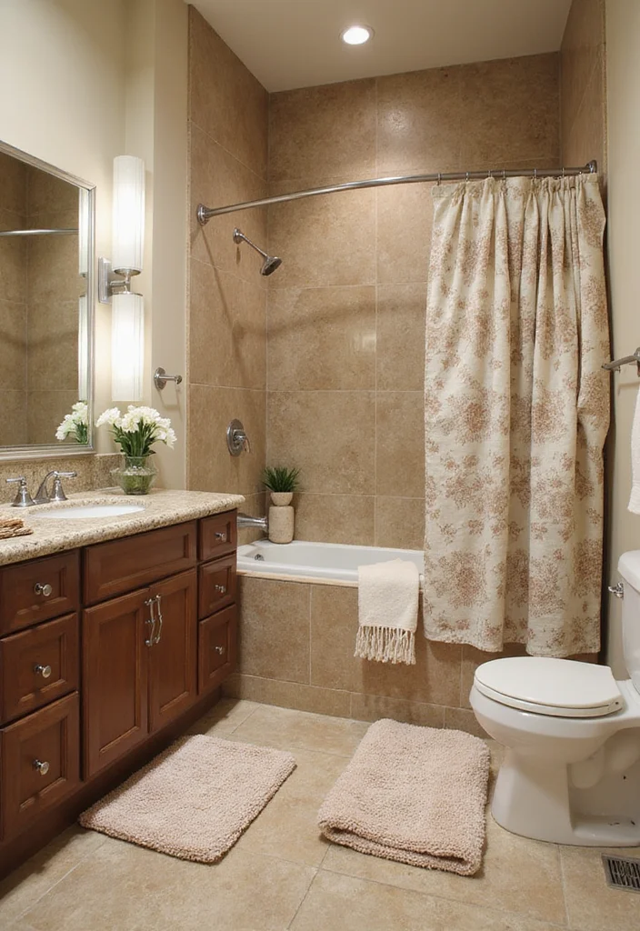 14 Tan Tile Bathroom Ideas With Warm Neutral Style - 8. Combining Patterns with Neutral Tones