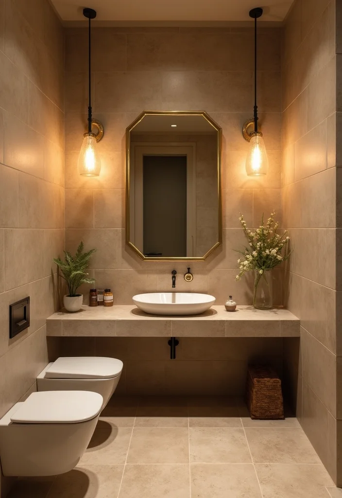 14 Tan Tile Bathroom Ideas With Warm Neutral Style - 9. Functional and Stylish Lighting