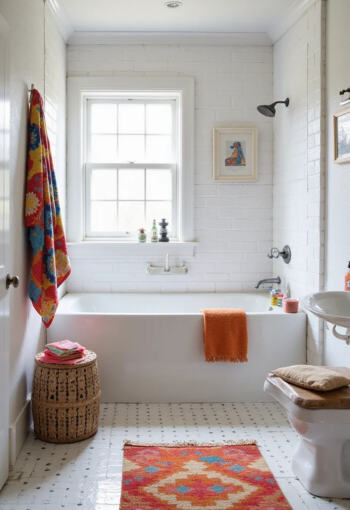 14 White Tile Bathroom Ideas For Clean Minimal Homes - 9. White Tile with Bold Colors