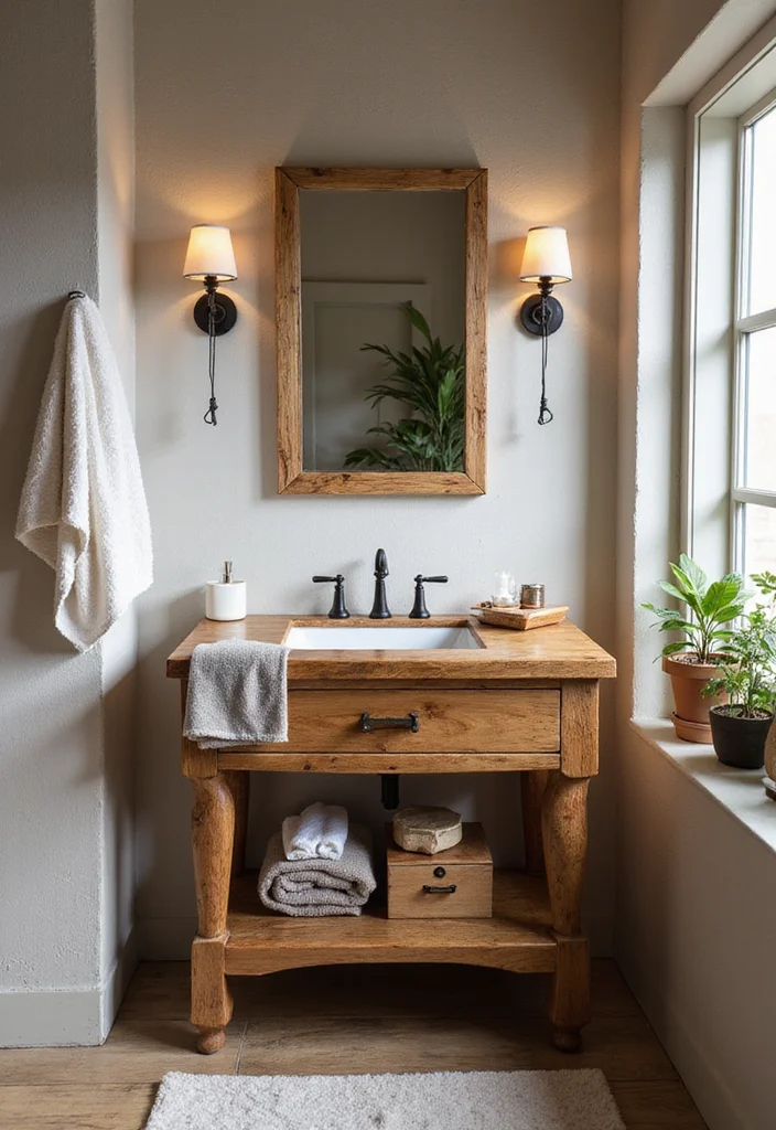 14 Wood Vanity Bathroom Ideas For Organic Style - 11. Artisanal Wood Vanity with Unique Features