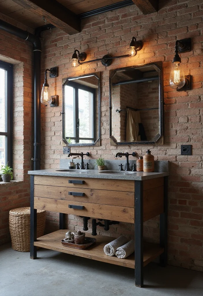 14 Wood Vanity Bathroom Ideas For Organic Style - 12. Industrial Wood and Metal Fusion