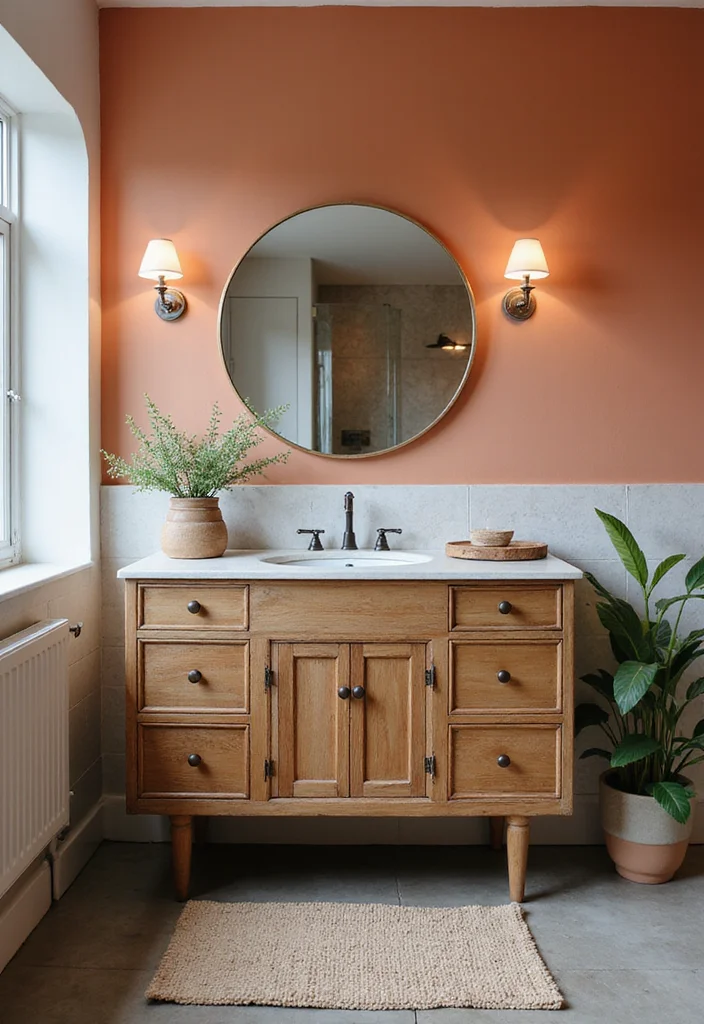 14 Wood Vanity Bathroom Ideas For Organic Style - 3. Vintage Wood Vanity with a Modern Twist