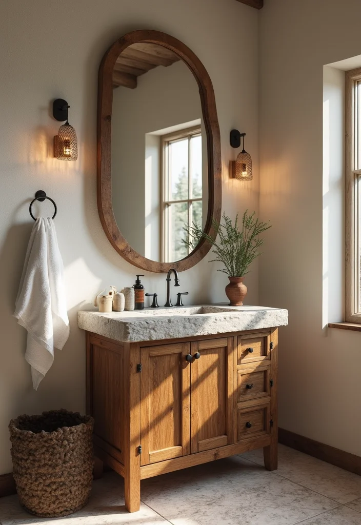 14 Wood Vanity Bathroom Ideas For Organic Style - 8. Contemporary Wood and Stone Combo