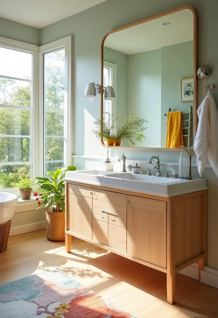 14 Wood Vanity Bathroom Ideas For Organic Style - 9. Light Wood with Bright Accents