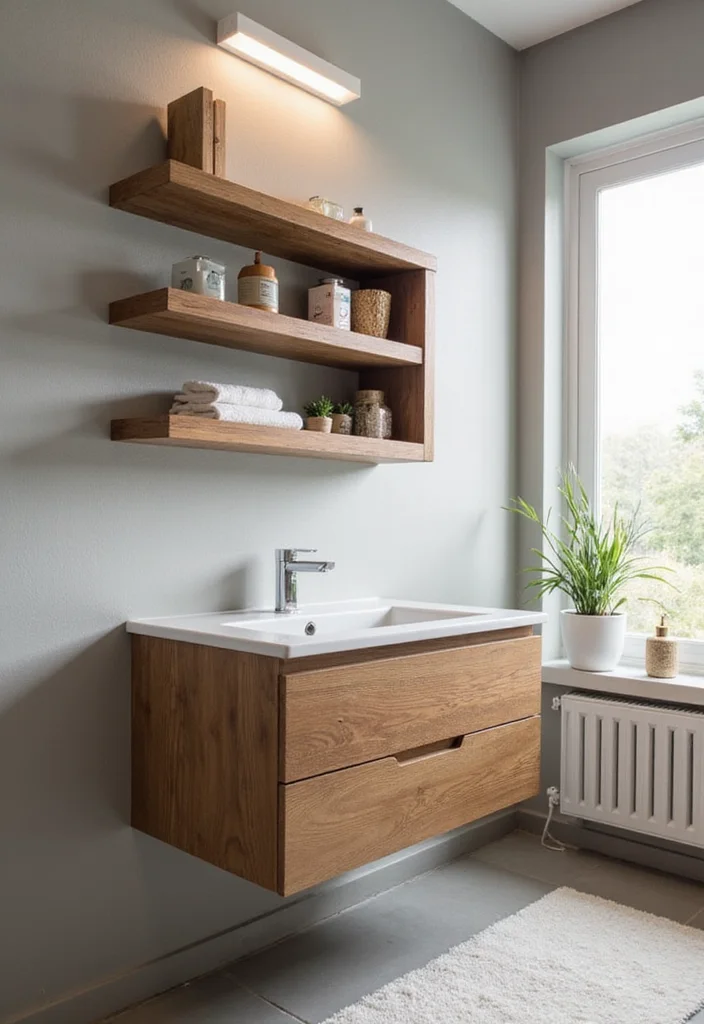 14 Wooden Bathroom Vanity Ideas With Natural Warmth - 11. Floating Wooden Shelves with Vanity