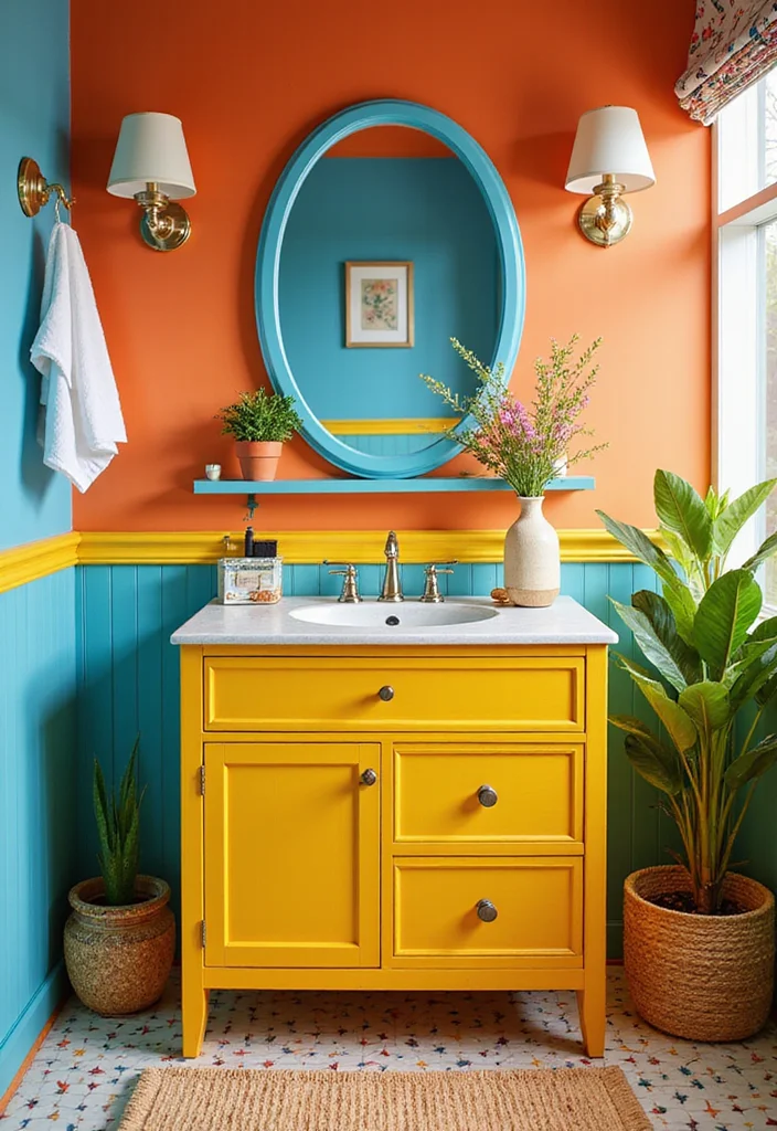 14 Wooden Bathroom Vanity Ideas With Natural Warmth - 13. Brightly Colored Accent Woods