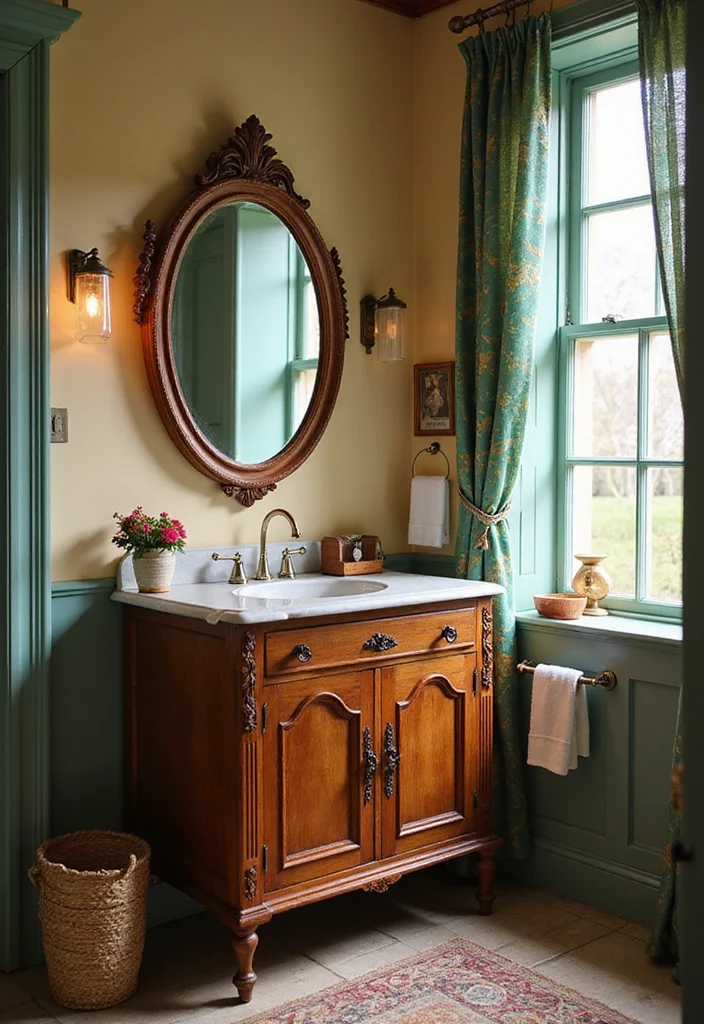 14 Wooden Bathroom Vanity Ideas With Natural Warmth - 3. Vintage-Inspired Wooden Vanity