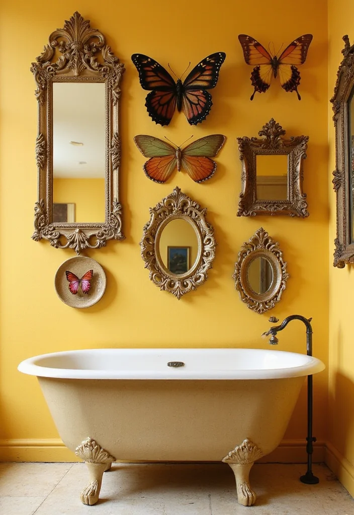 14 Yellow Bathroom Decor Ideas With Bright Cheer - 1. Vintage Butterfly Wall Art