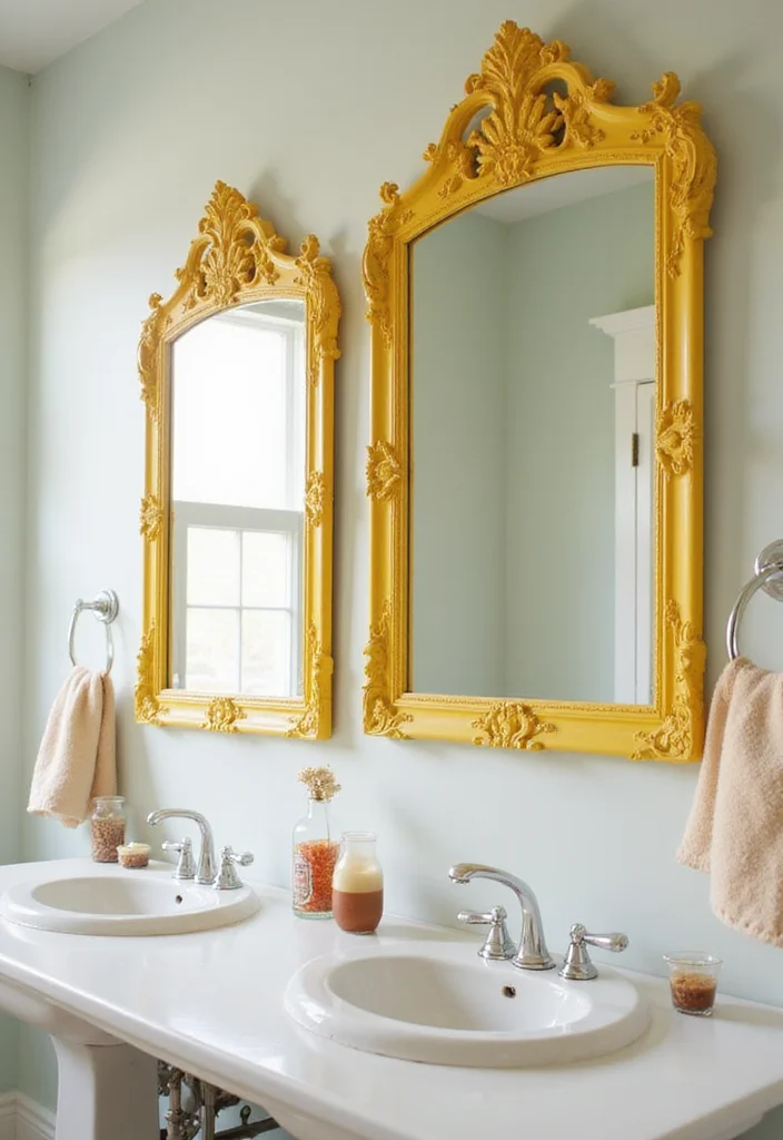 14 Yellow Bathroom Decor Ideas With Bright Cheer - 11. Cheerful Vintage Mirrors