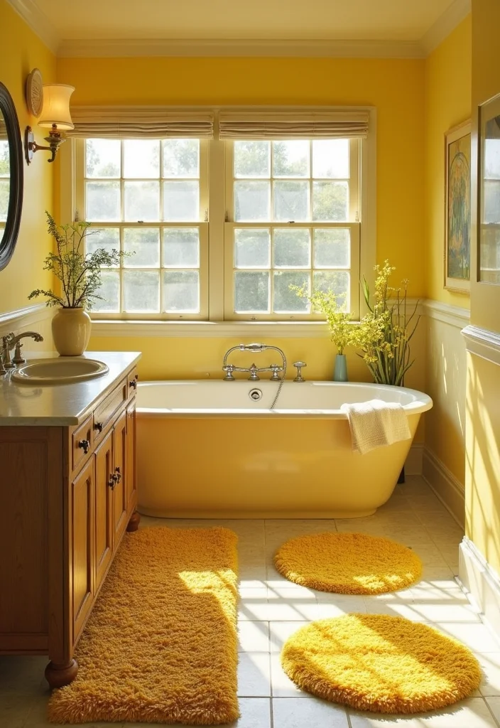 14 Yellow Bathroom Decor Ideas With Bright Cheer - 12. Playful Yellow Rugs