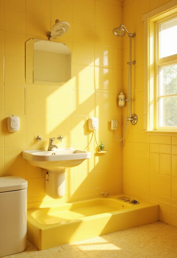14 Yellow Bathroom Decor Ideas With Bright Cheer - 13. Nostalgic Shower Accessories