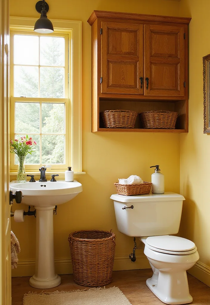 14 Yellow Bathroom Decor Ideas With Bright Cheer - 5. Vintage Storage Solutions