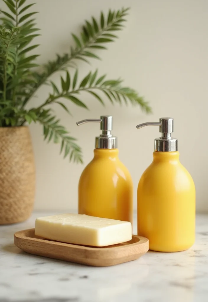 14 Yellow Bathroom Decor Ideas With Bright Cheer - 8. Vintage-Inspired Soap Dispensers